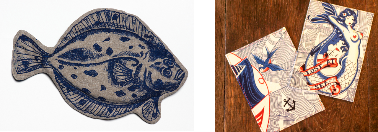 Körnerkissen in Fischform und maritime Postkarten